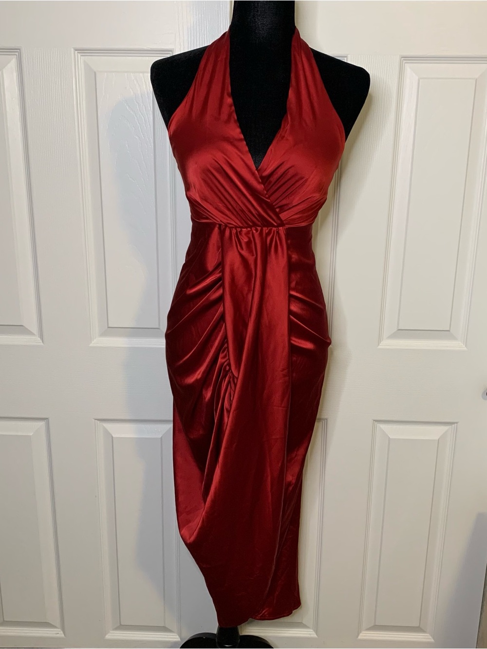 Elegant Red Satin Halter Dress